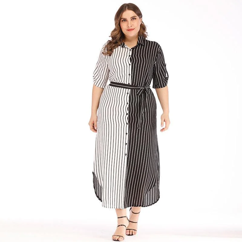 Short-sleeved lapel black and white striped button irregular dress