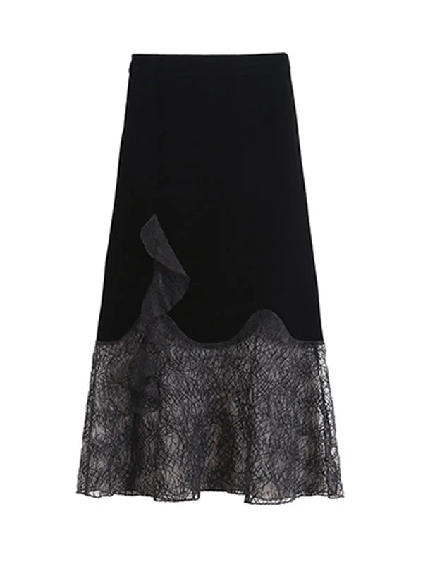 Retro Embroidered Net Yarn Ruffle Splicing Hem High-Waisted Skirt - yankia