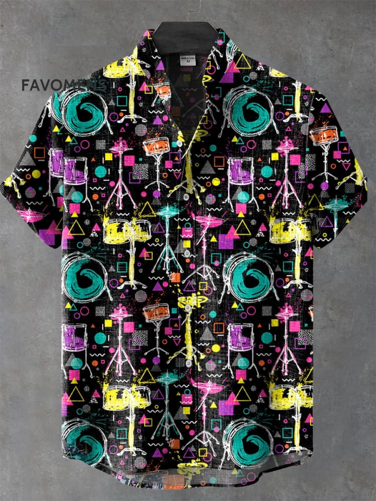 Vintage Drum Set Music Art Print Casual 100% Cotton Shirt Multicolor / S