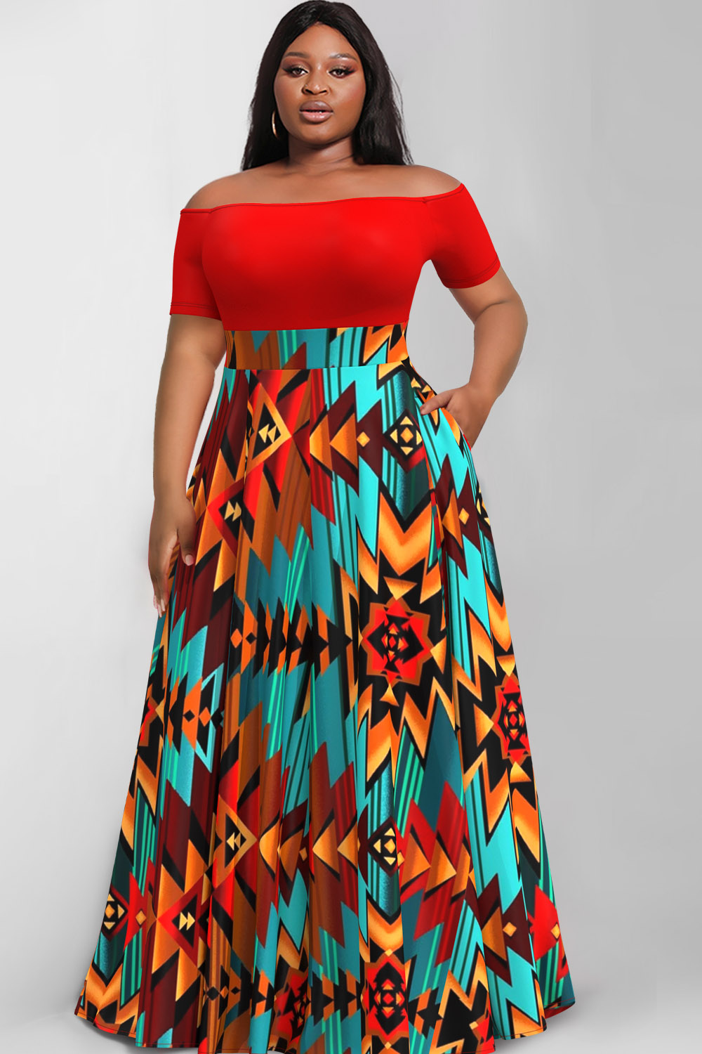 Design Plus Size Red Semi Formal Tribal Print Off Shoulder Maxi Dresses [Pre-Order]