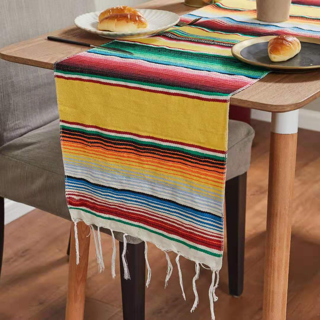 Mexican Table Runner Stripe Shawl Blanket Rainbow Tablecloth Beach Mat with Tassel 35*215cm