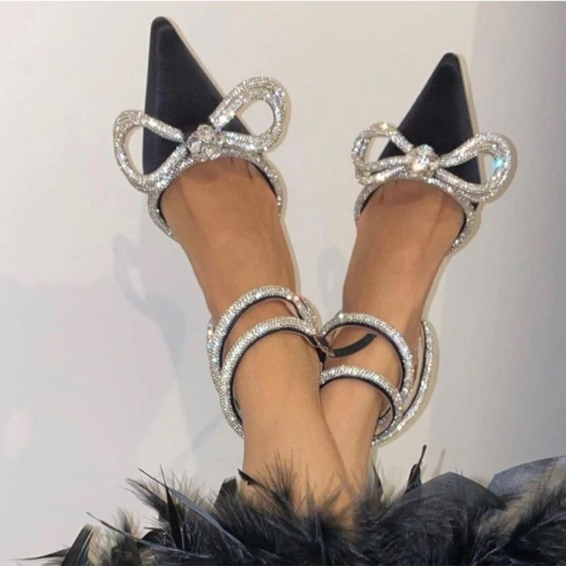 Zapatos de fiesta con diamantes de imitación para mujer, sandalias con lazo y punta estrecha, tacones finos, sexys, para oficina y boda, 2022