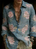 Men's Elegant Pink Floral Casual Collarless Shirt