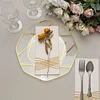 10 Pack | 10" Clear / Gold Geometric Design Plastic Dinner Plates, Disposable Octagon Party Plates