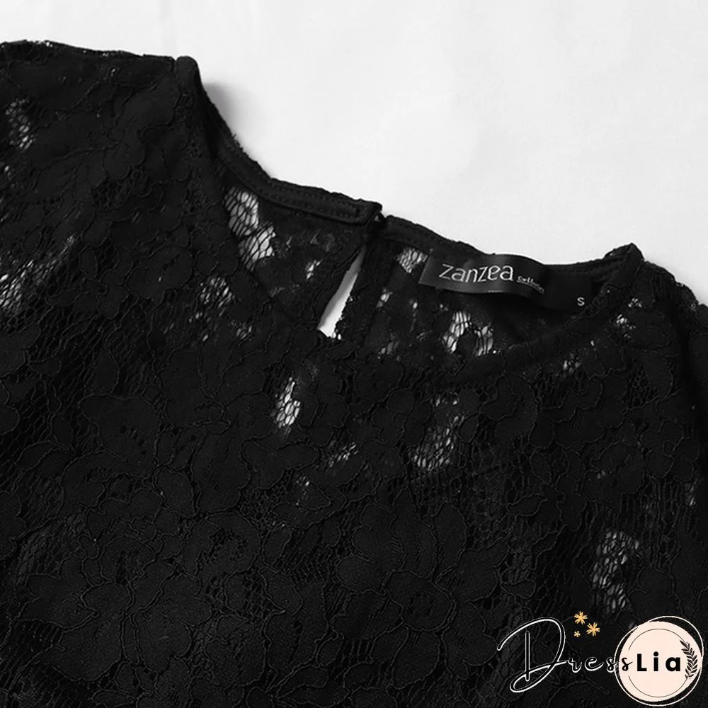 Womens Summer Long Sleeve Lace Crochet Flared Sleeve O-Neck Mini A-Line Dress