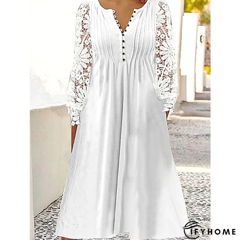 Women's Casual Dress Lace Dress Pleated Dress Plain Lace Button Crew Neck Midi Dress Basic Elegant Outdoor Daily Long Sleeve Regular Fit White Spring Summer S M L XL XXL | IFYHOME