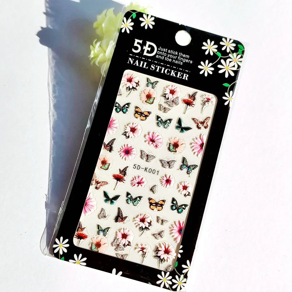5D Butterfly Nail Sticker Engraved White Flower Sliders Embossed Lace Wedding Nail Art Design Monogram Decals Manicure Tools-Nail Inspo