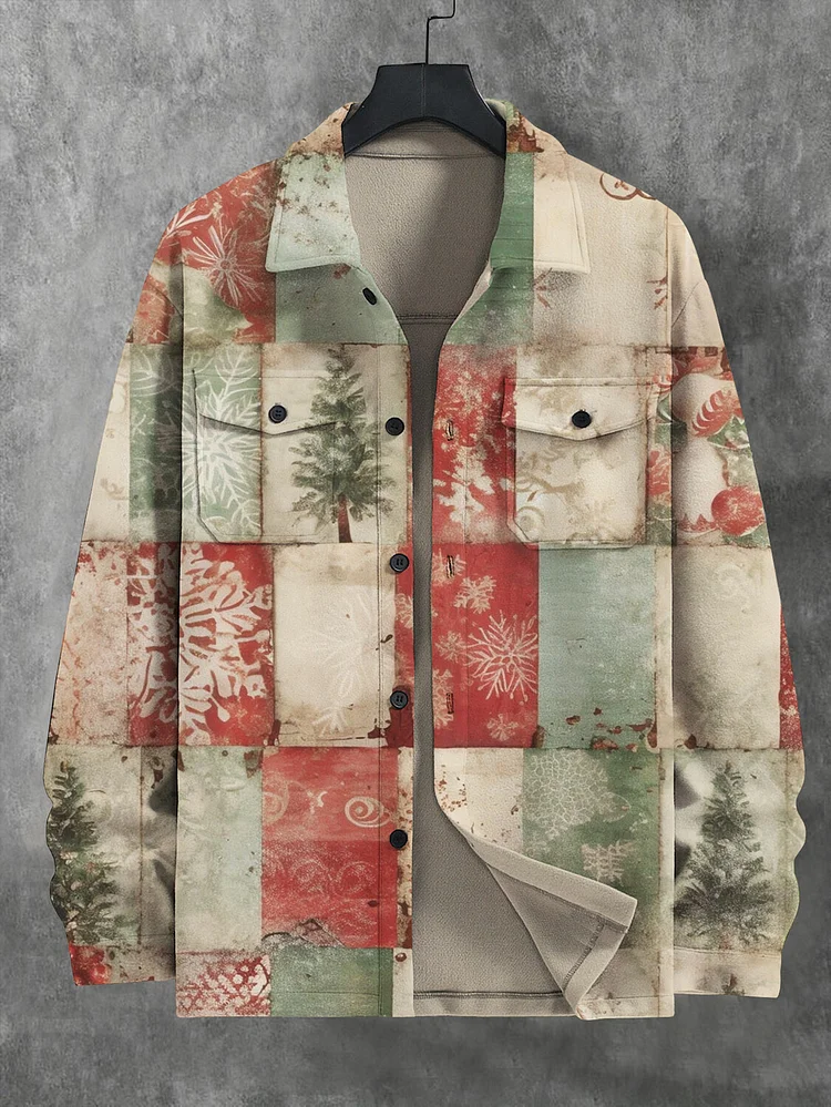 Men's Christmas Tree Plaid Colorblock Art Print Denim-Like Long Sleeve Shirt