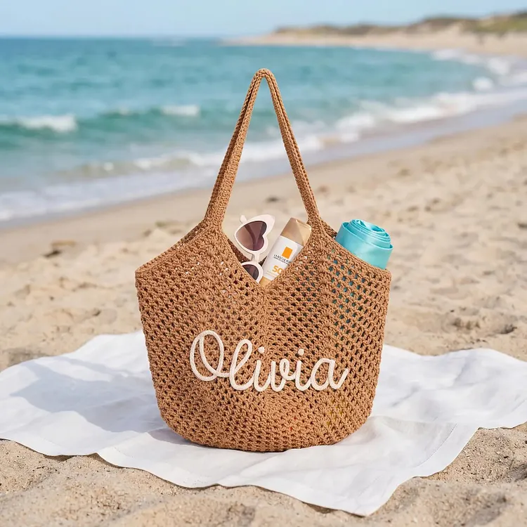 Personalised Straw Knitted Beach Bag and Crochet Tote - Unique Bridesmaid Gift Bags, Travel Wedding Favor, Bachelorette Trip Present