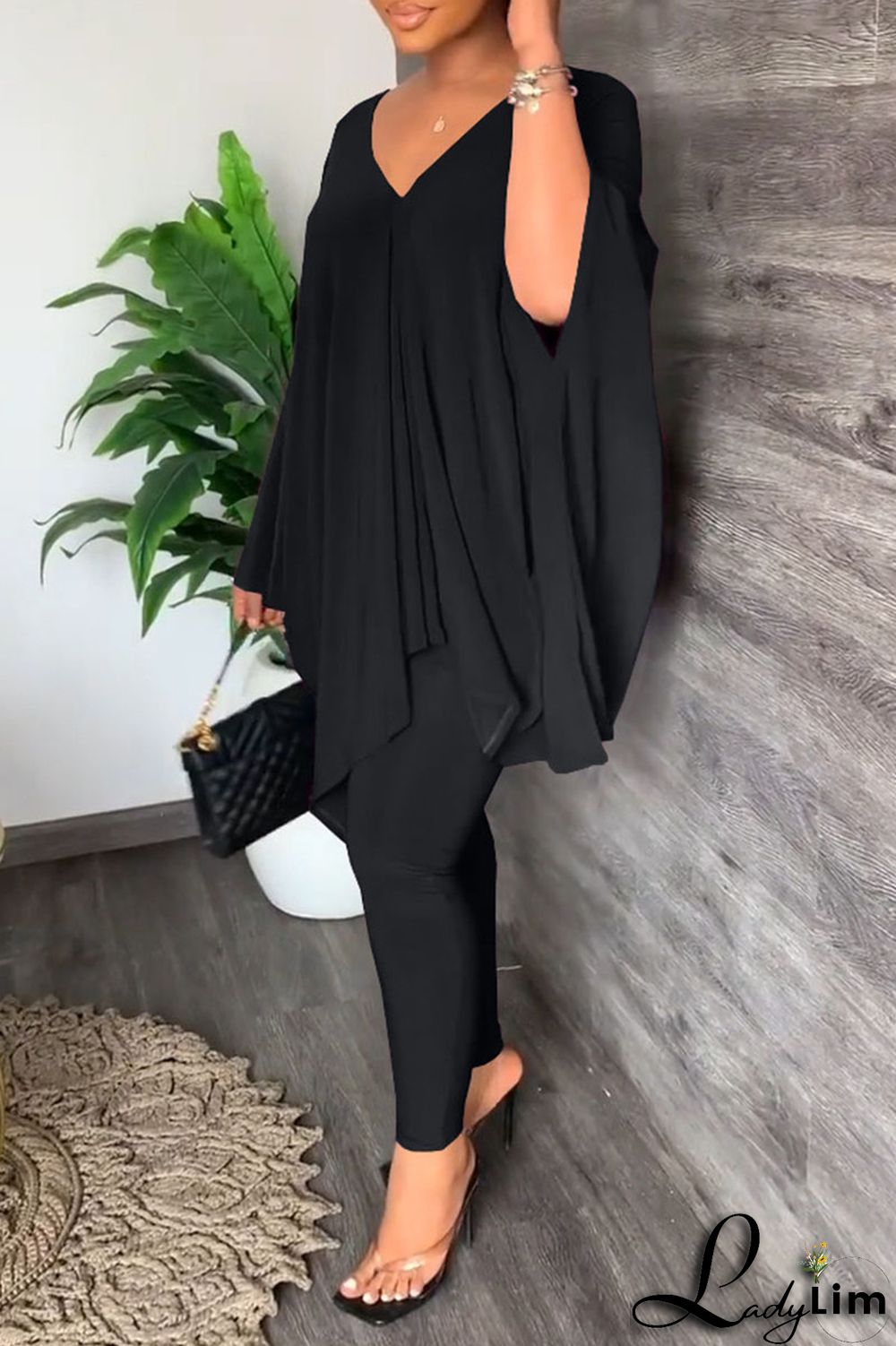 Black Casual Solid Patchwork V Neck Long Sleeve Two Pieces