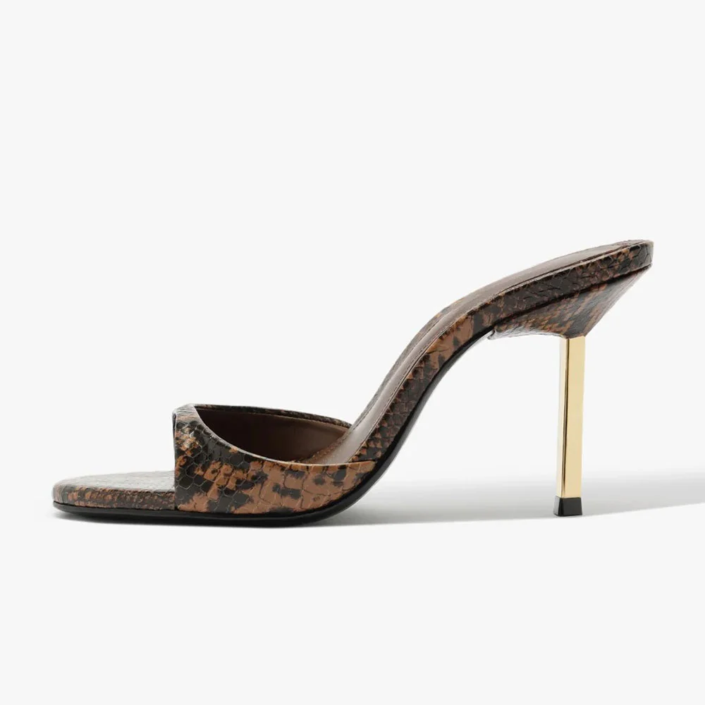 Brown & Black Open Round Toe Snake Print Slip On Heeled Mules