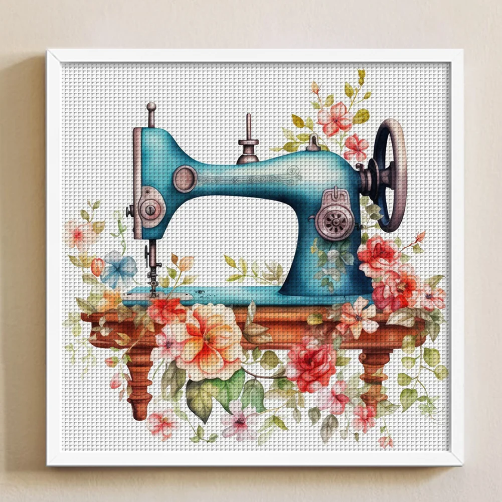 DIY Stamped Cross Stitch 14CT Full Embroidery 40*40cm - Vintage Flower Sewing Machine