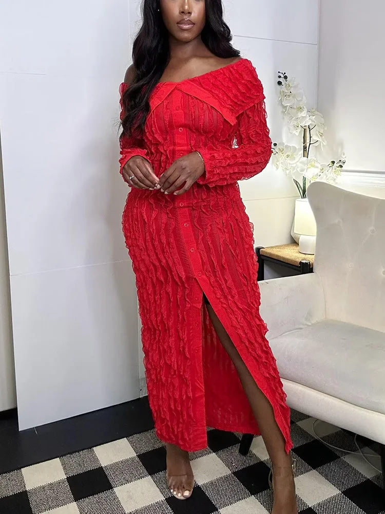   Fashionable and Elegant Off-Shoulder Bodycon Wave-Pattern Long-Sleeve Dress