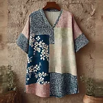Japanese Art Retro Geometric Patchwork Plant Flower Print Women's V-neck Cotton And Linen Top - Image 2