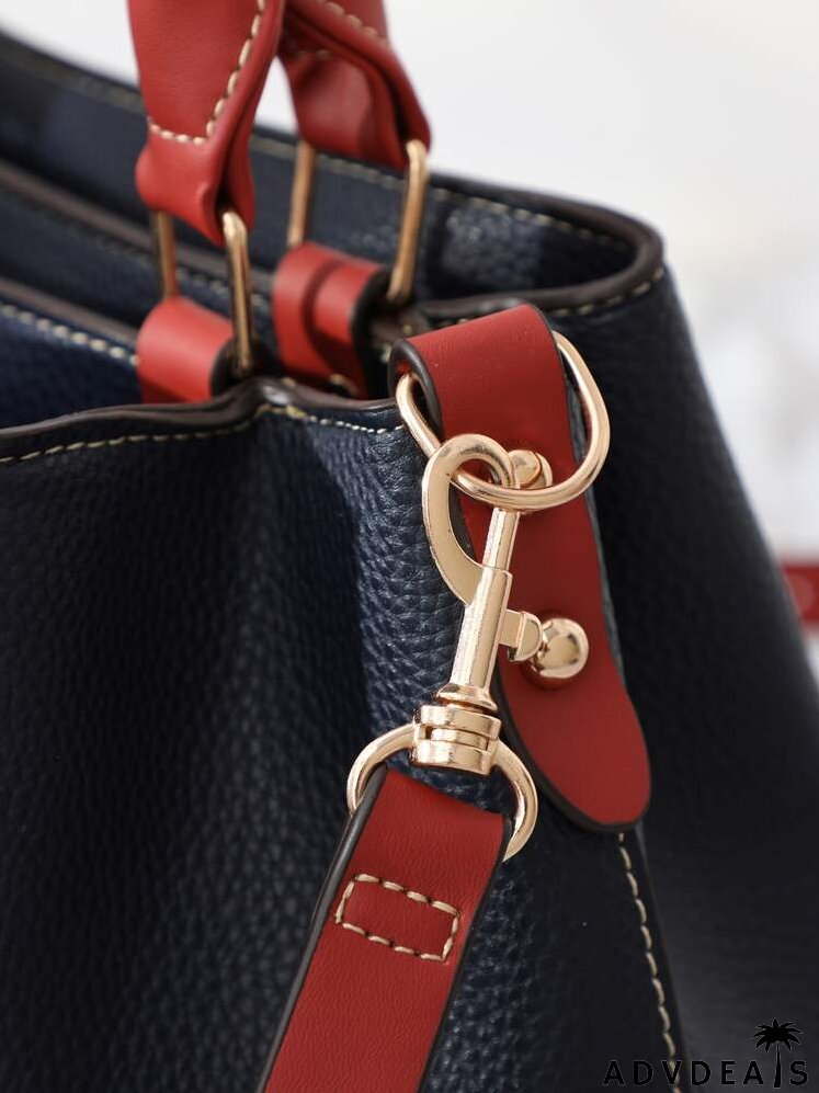 Colorblock Pattern Stitch Trim Tote Bag