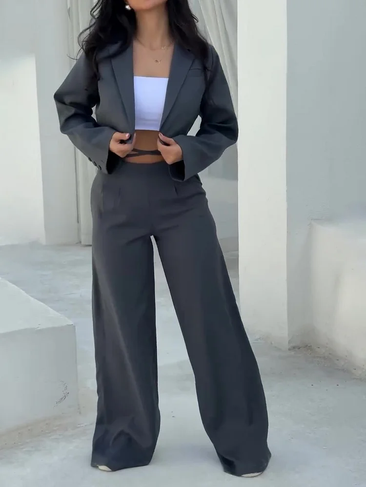 Cropped Blazer And Wide - Leg Pants Suit Set
