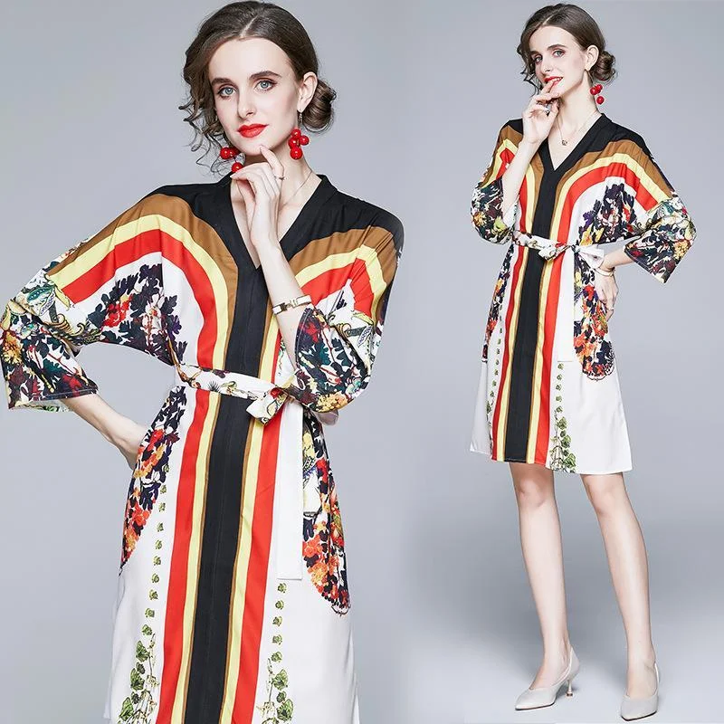 V-neck fashion color matching striped flower print lace-up waist dress