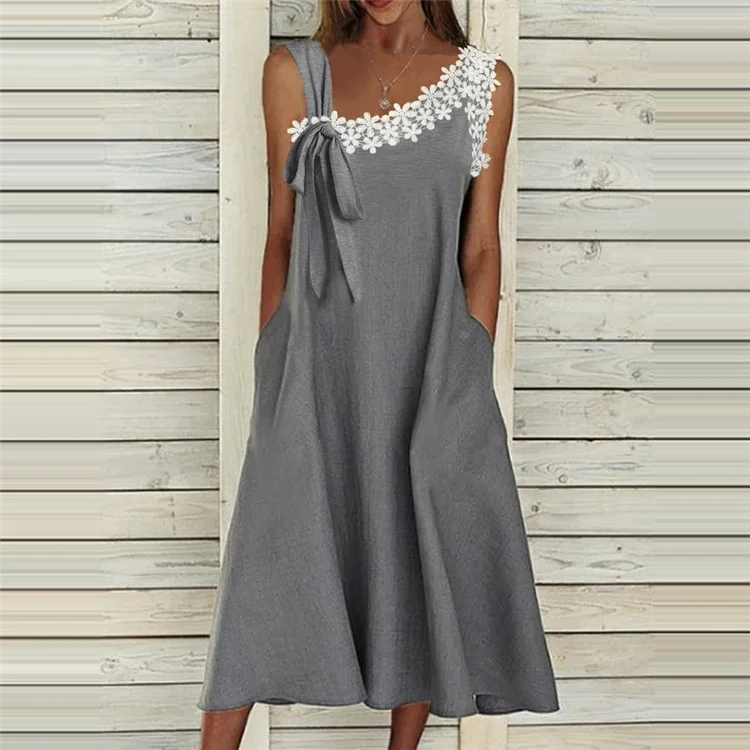 Elegant Lace Asymmetrical Collar Sleeveless Knit Dress