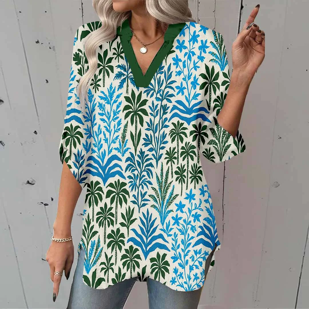 Women Floral, Blue, Green DZGA0193 3/4 Sleeve V-neck Printed Graphic Button Tops