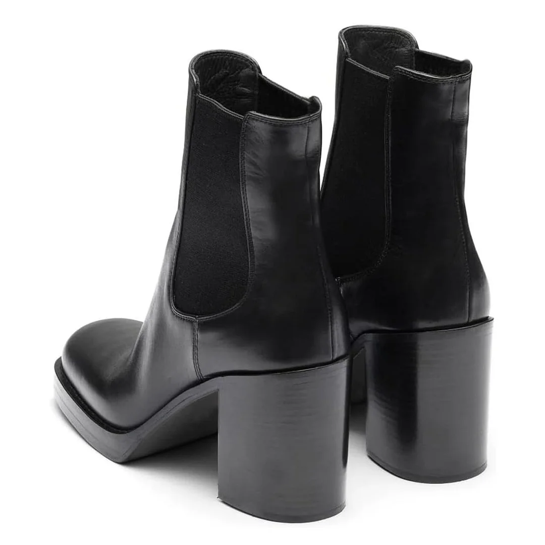 Black Vegan Leather Chunky Heel Pull-On Chelsea Ankle Boots for Women