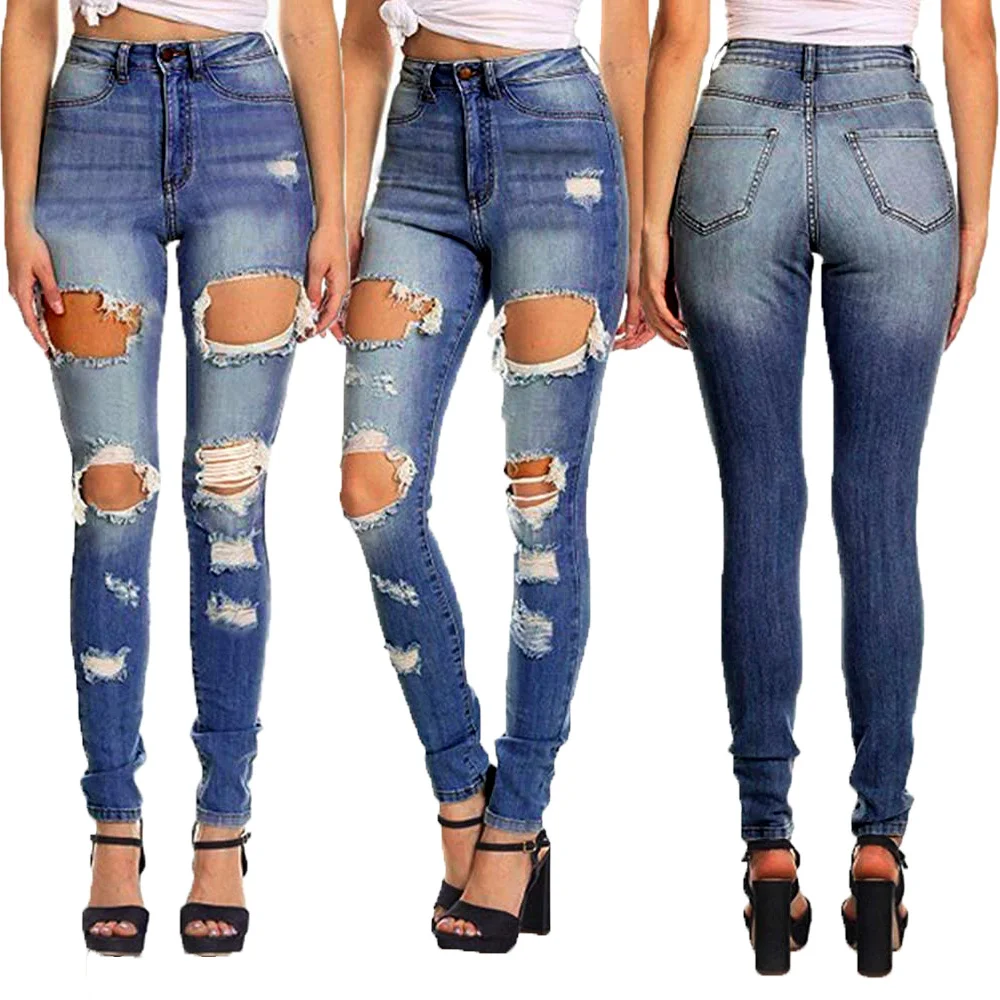Women's High Elastic High Waist Ripped Boyfriend Denim Jeans