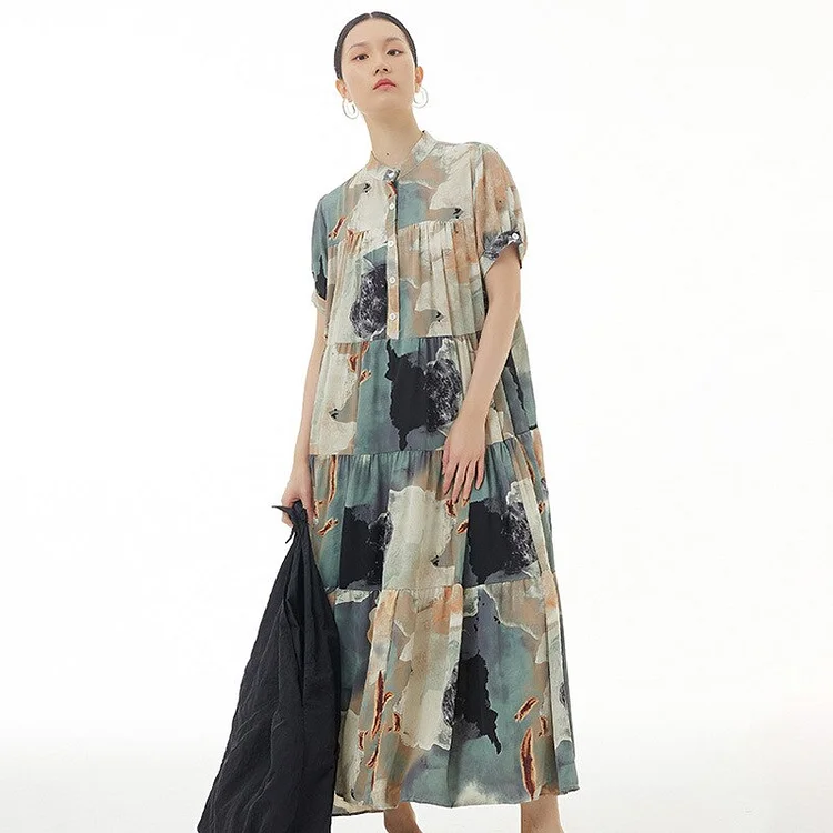 Vintage Half Stand Collar Painting Printed Pleated Short Sleeve Dress      