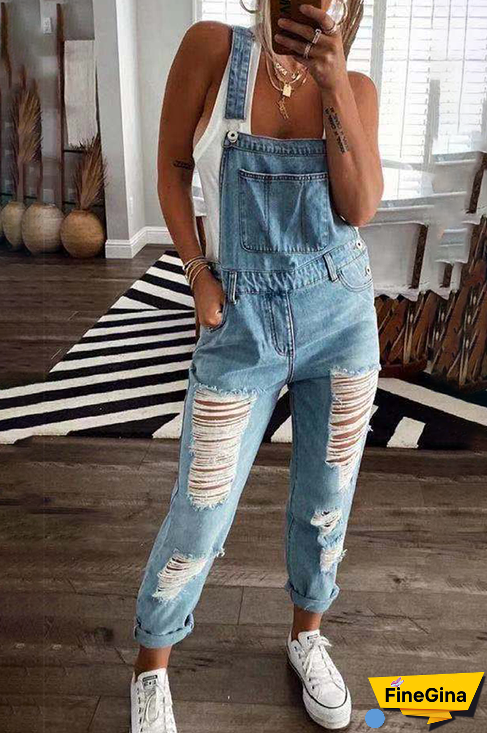Street Solid Tassel Ripped Jumpsuits