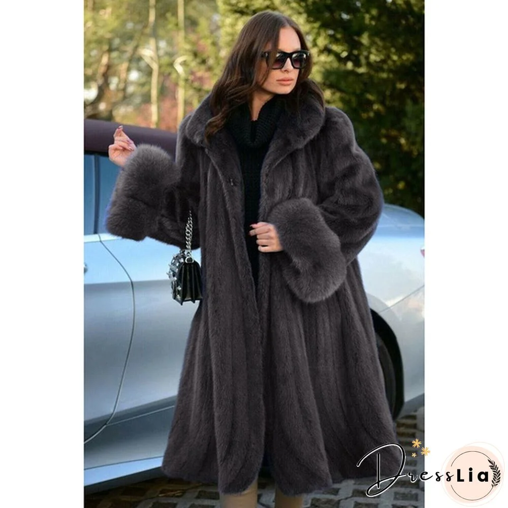 Women's Winter New Fashion Plus Size Luxury Elegant Solid Color Turn Down Collar Faux Fur Coat Warm Outerwear Tops