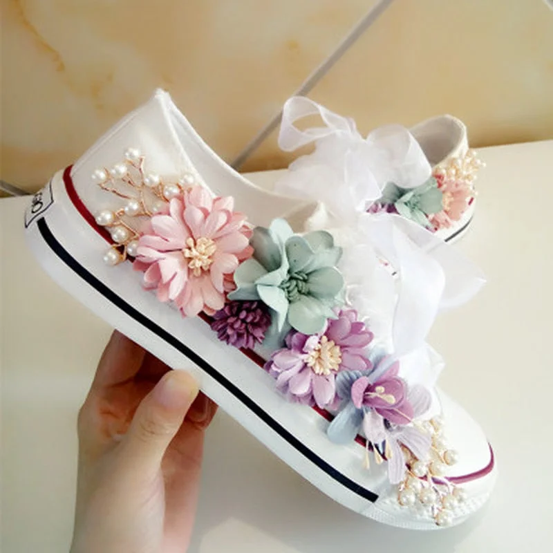 Vstacam 2022 Sneakers Wedges Canvas shoes Women's casual shoes Women's handmade custom Three-dimensional sequins Flowers White Flat