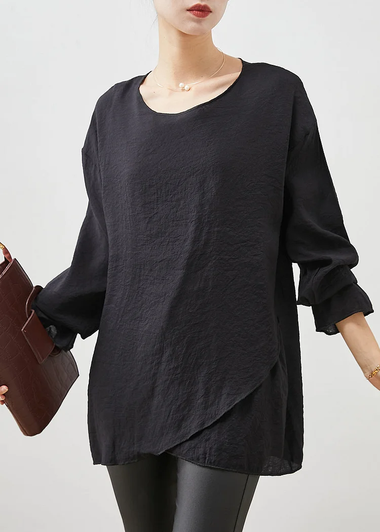 Fitted Black Oversized Asymmetrical Design Cotton Top Spring