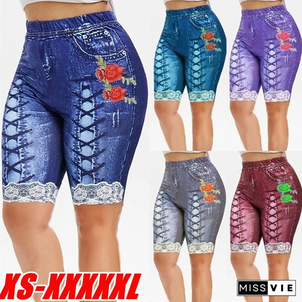 Women's Fashion Plus Size 3D Floral Print Capri Jeggings Denim Leggings Pants