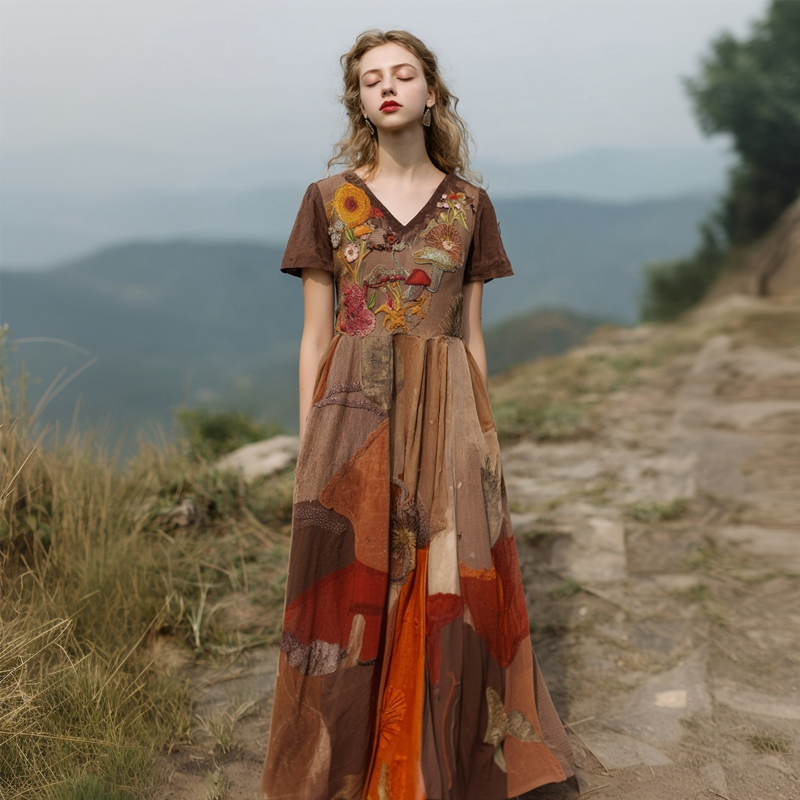 Comstylish Floral & Mushroom Embroidered Patchwork Linen Maxi Dress