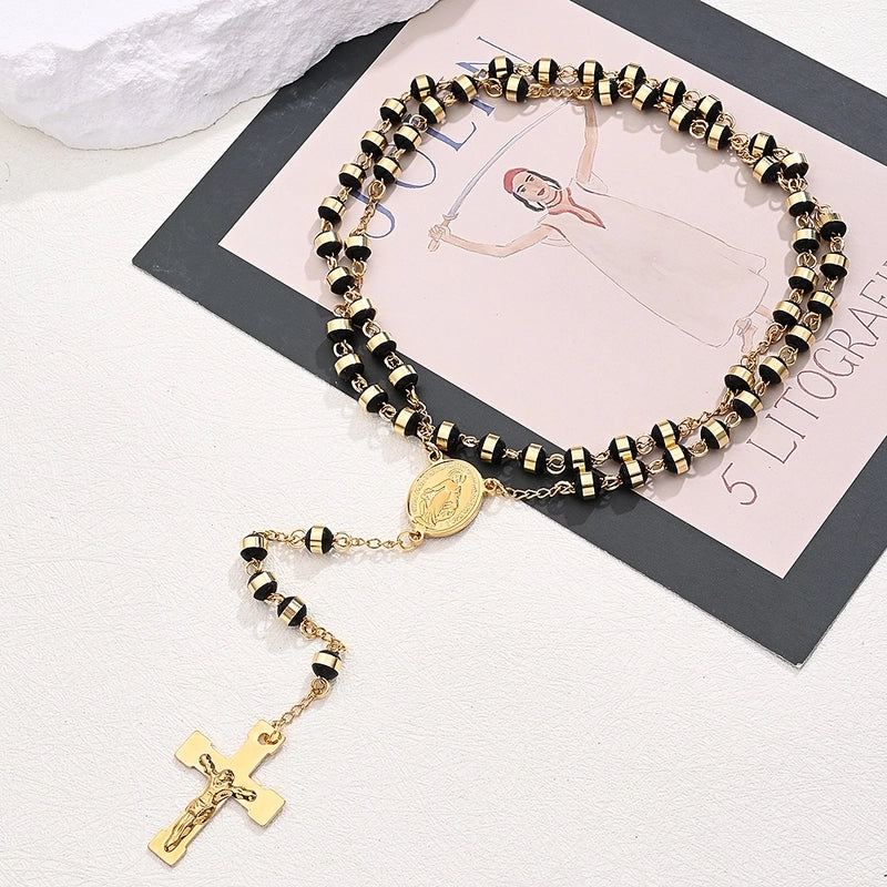 304 Stainless Steel Silica Gel 18K Gold Plated Beaded Polishing Plating Cross Virgin Mary Oval Sweater Chain Long Necklace Necklace