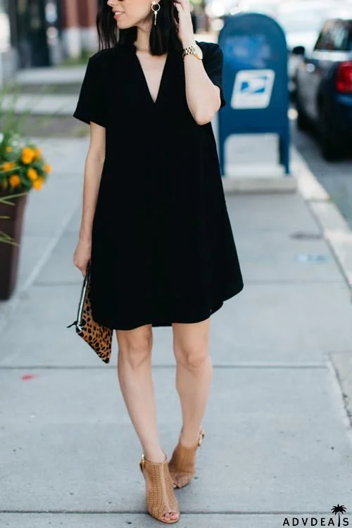 V Neck Short Sleeve Mini Dress