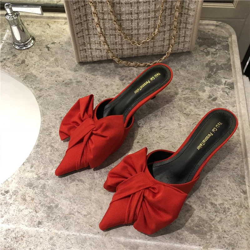2021 Spring Pointed Toe Stiletto Heel Kitten Heels Bow Heel-Free Slippers for Women