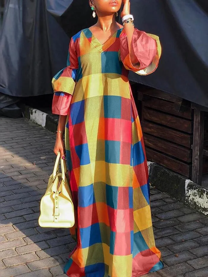 Fashion Color Plaid Lantern Sleeve Printed Dress