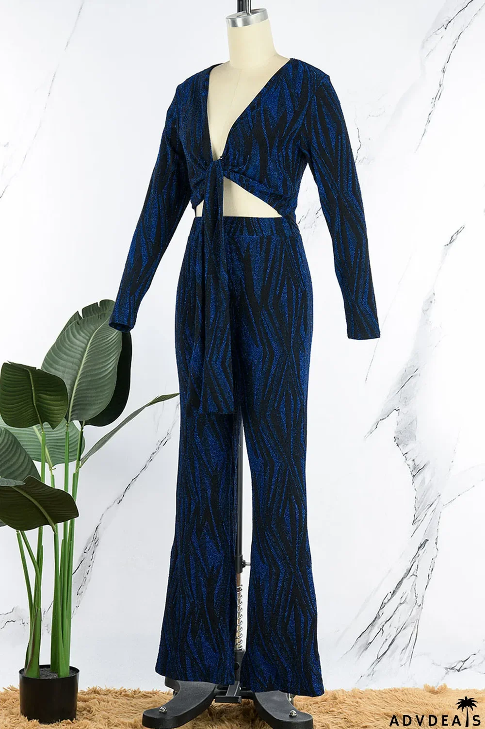 Black Sexy Print Bandage Patchwork V Neck Long Sleeve Two Pieces