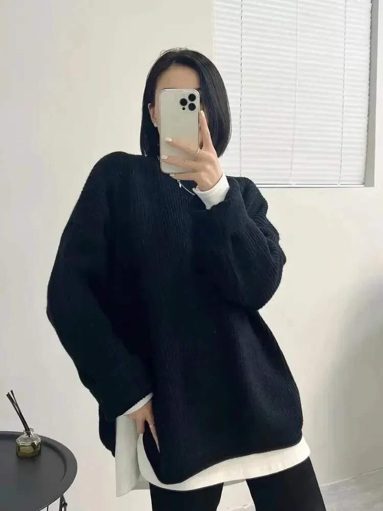 Colourp Sweater Side Fork Thick Loose Middle and Long Oversize Sweater Woman O-Neck Autumn and Winter Fashion Knitted Pullover