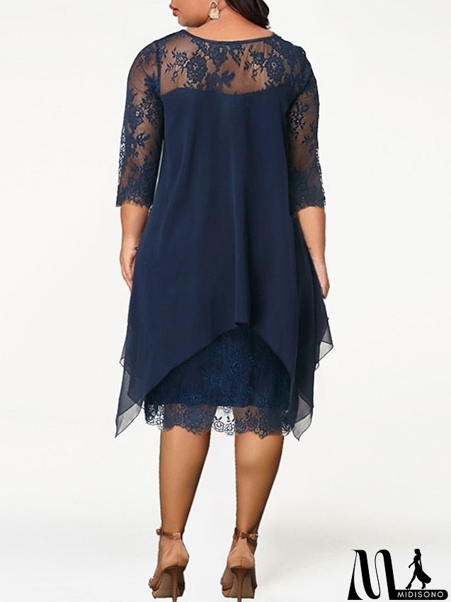 Women's Plus Size Party Dress Solid Color Crew Neck Lace 3/4 Length Sleeve Spring Summer Casual Prom Dress Midi Dress Party Work Dress / Lace Dress / Homecoming Dress