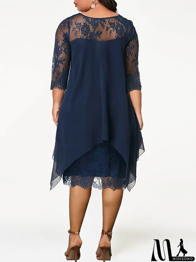 Women's Plus Size Party Dress Solid Color Crew Neck Lace 3/4 Length Sleeve Spring Summer Casual Prom Dress Midi Dress Party Work Dress / Lace Dress / Homecoming Dress