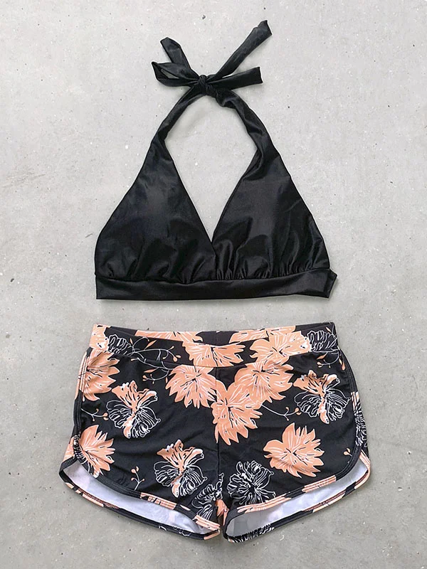 Floral-Print Color-Block Shorts V-Neck One-Piece Swimwear 