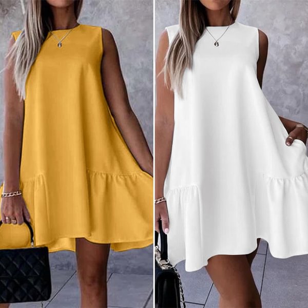 Women Summer Street Fashion Sleeveless O-Neck Spliced Pleated Solid Color Back Button Plus Size Loose Short Dress - Shop Trendy Women's Fashion | TeeYours