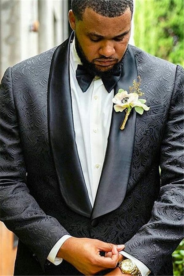 Fashion Black Jacquard Shawl Lapel Wedding Suit For Men | Ballbellas Ballbellas