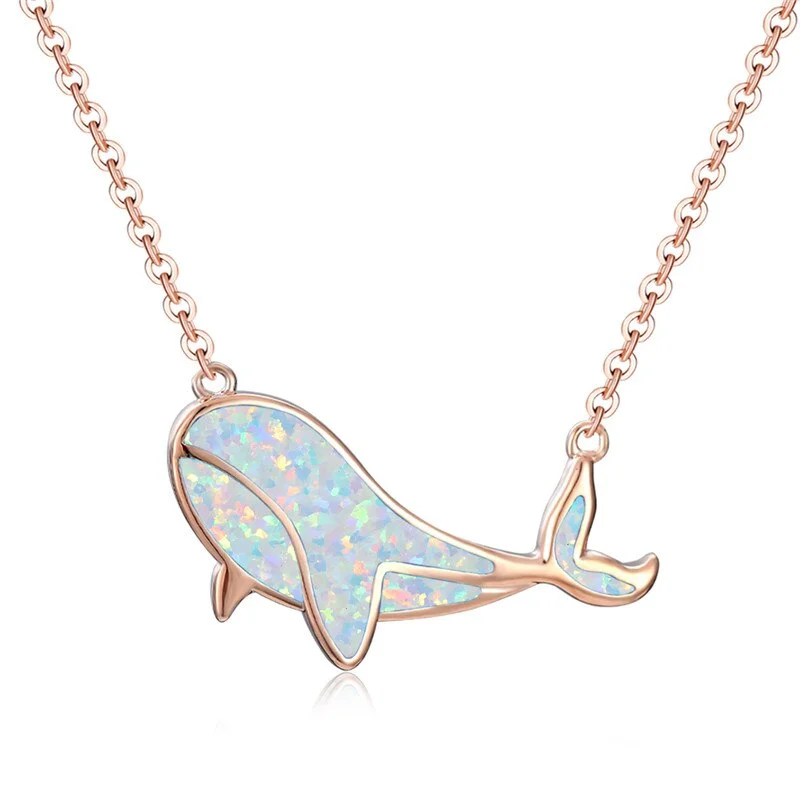 Cute Female Ocean Animal Whales Pendant Necklace White Blue Opal Stone Necklace Rose Gold Silver Color Chain Necklaces For Women