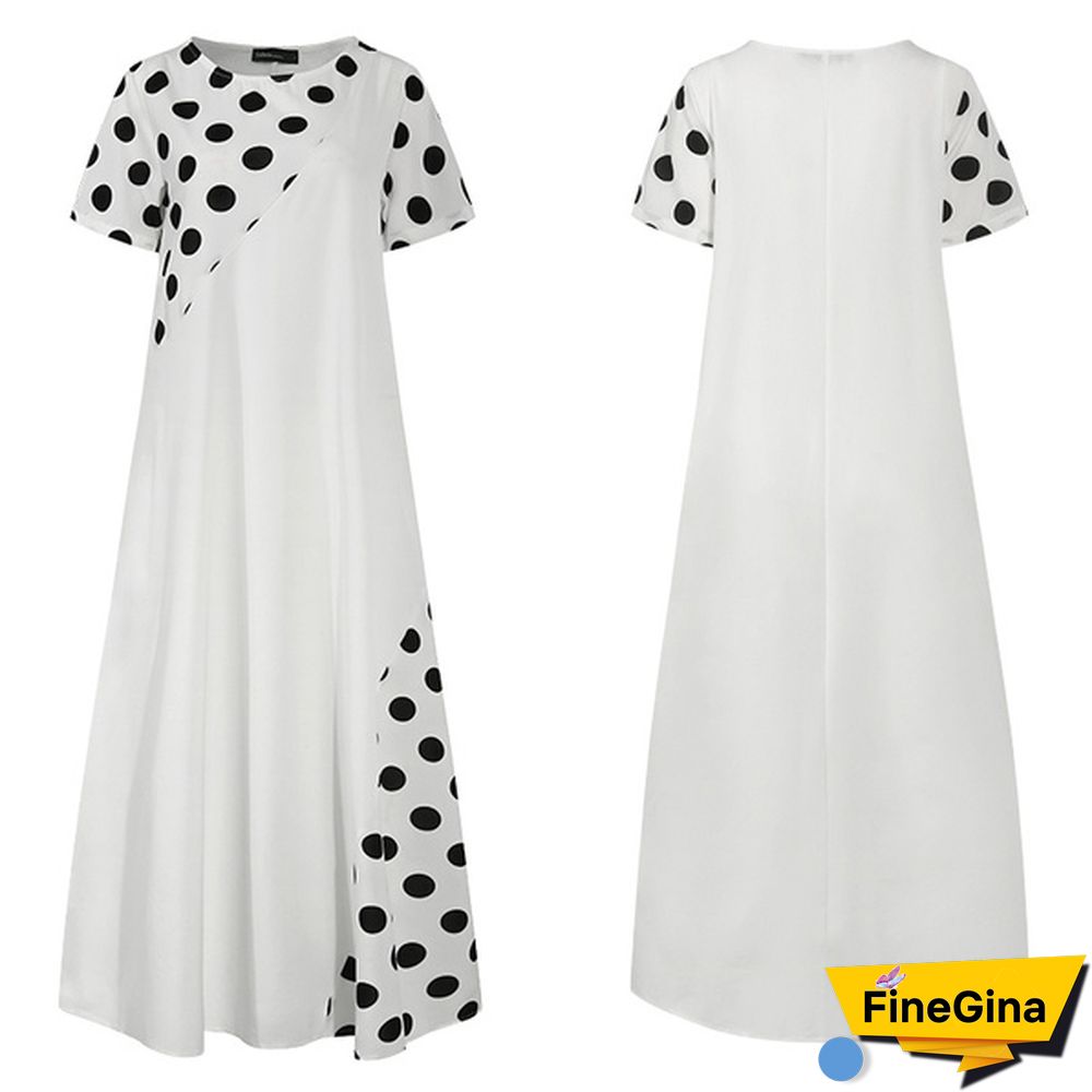 Summer Women Polka Dot Maxi Dress Robe Short Sleeve Round Neck Patchwork Party Casual Loose Long Dress Plus Size Tunic