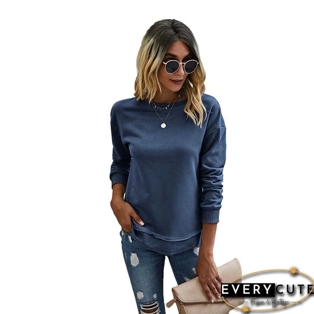 Navy Blue Side Slit Casual Pullover Sweatshirt