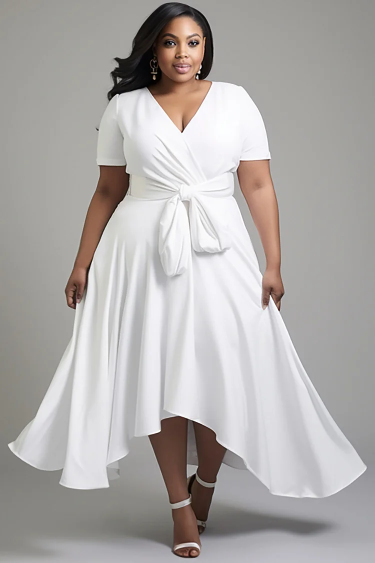 Xpluswear Design Plus Size Daily White Wrap Neck Short Sleeve Asymmetric Hem Peplum Knitted Maxi Dresses 