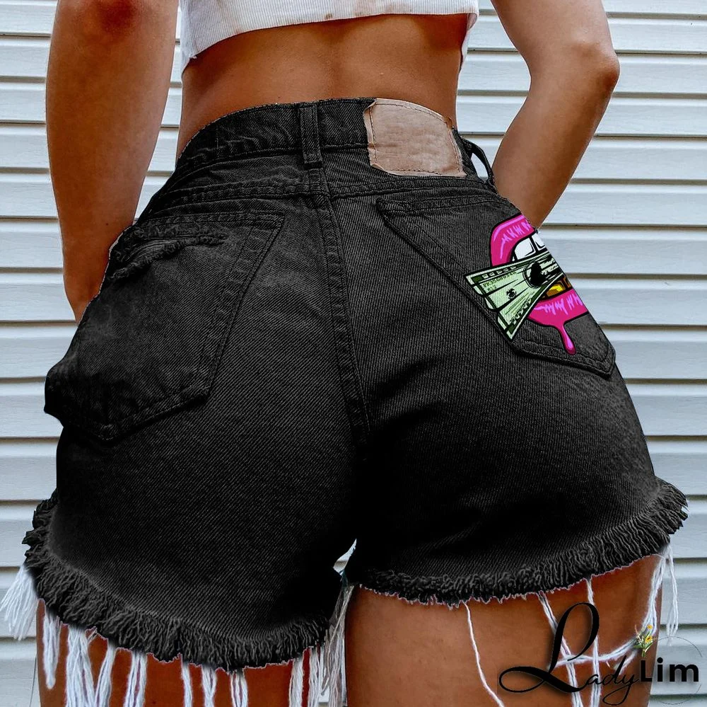 Ladies Summer Fashion Print Ripped Denim Shorts Ripped Jeans