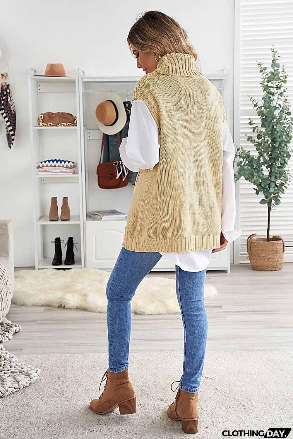 Casual Khaki Turtleneck Braided Knitted Vest