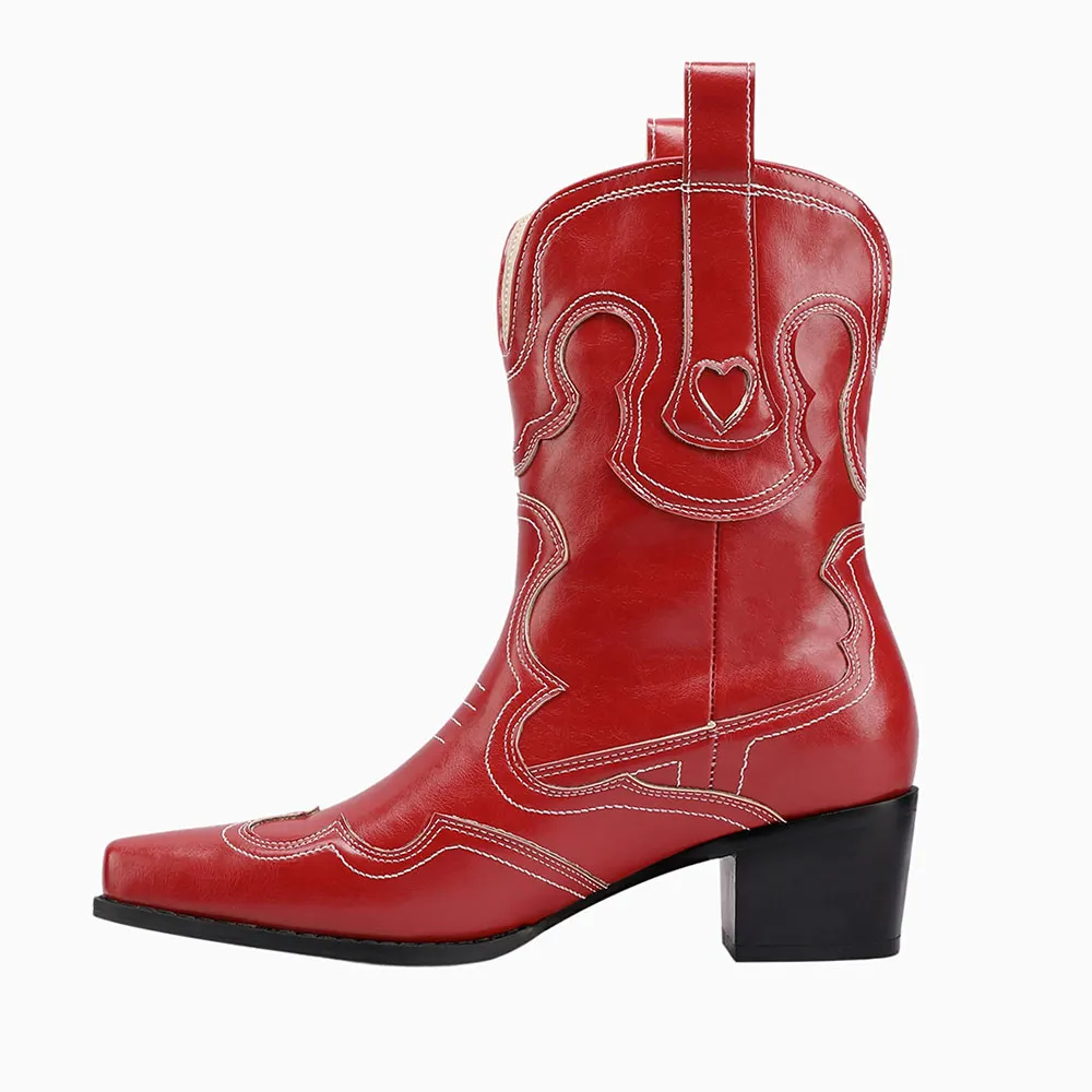 Block Heel Snip Toe Short Red Slip On Embroidered Cowgirl Boots